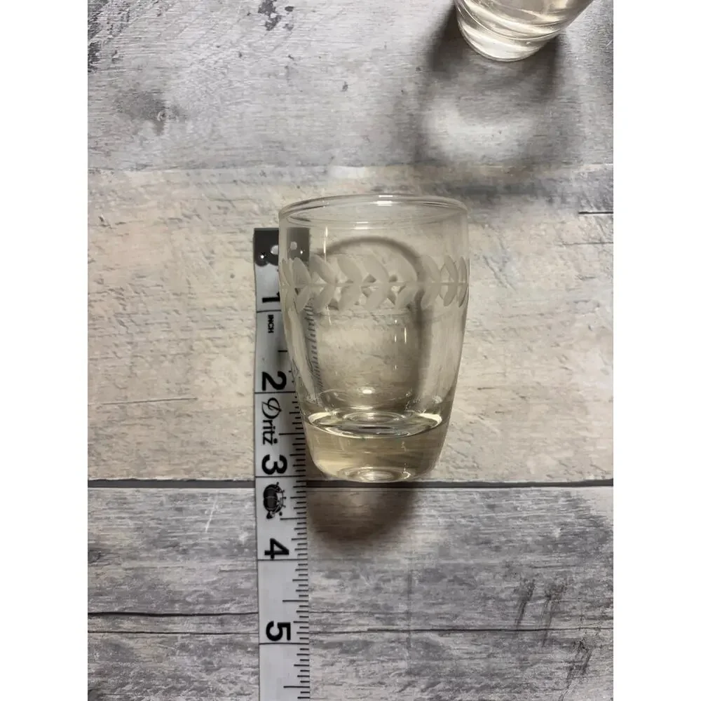 Set of 5 VINTAGE 1960s ANCHOR HOCKING Shot Glasses Etched Laurel Leaf Pattern!